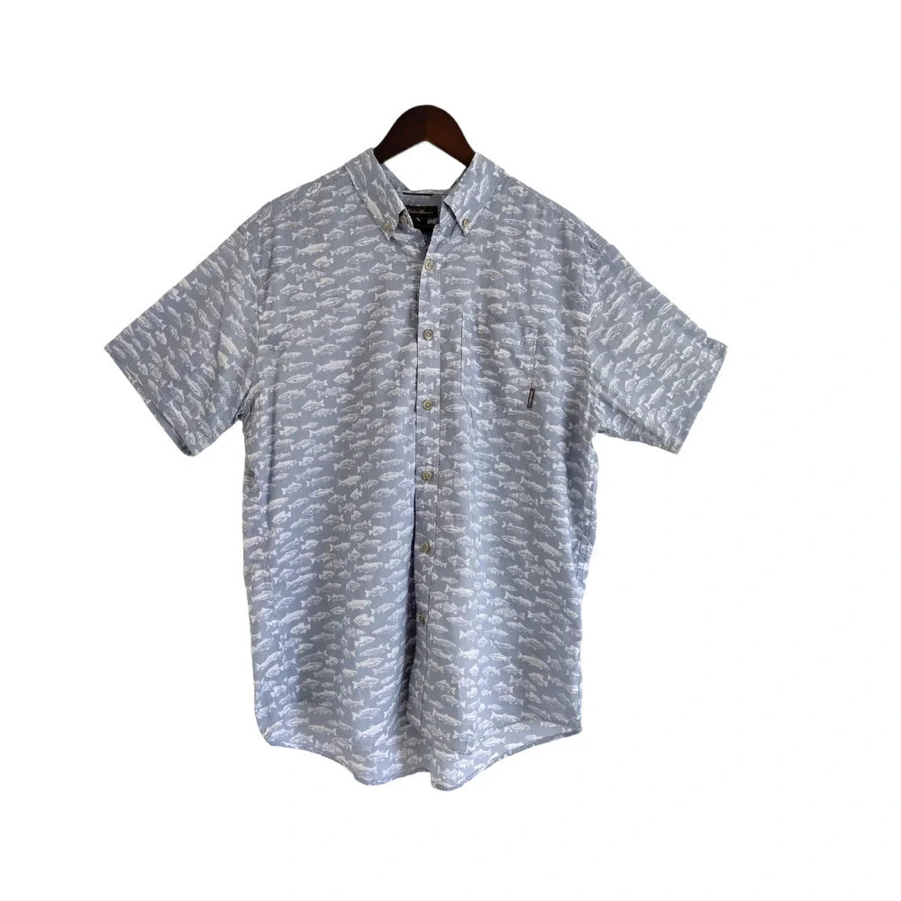 Eddie Bauer Men's Casual Button Down Shirt Short Sleeve Fish Print Blue Size‎ L